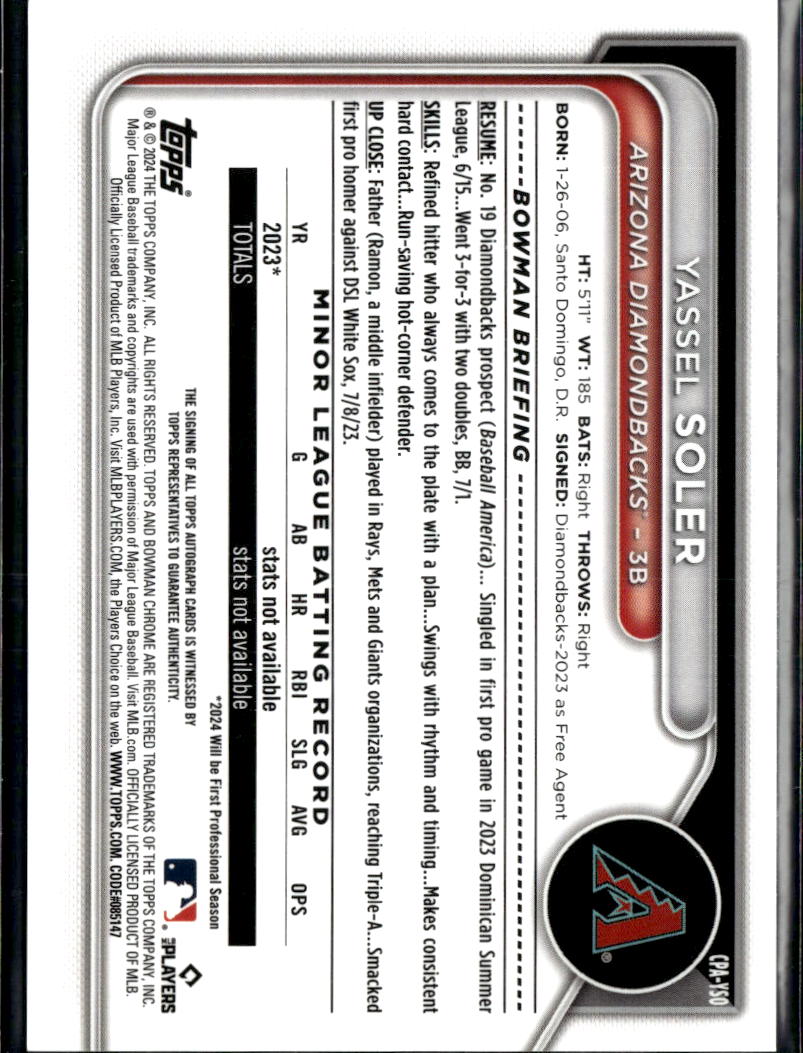 Yassel Soler 2024 Bowman Chrome 1st Auto Autograph /99 Arizona Diamondbacks