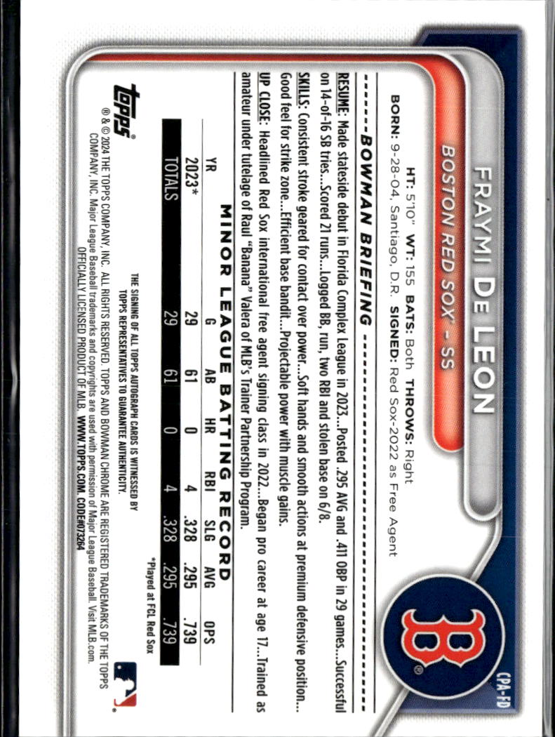 Fraymi De Leon 2024 Bowman Chrome 1st Auto Autograph /99 Boston Red Sox
