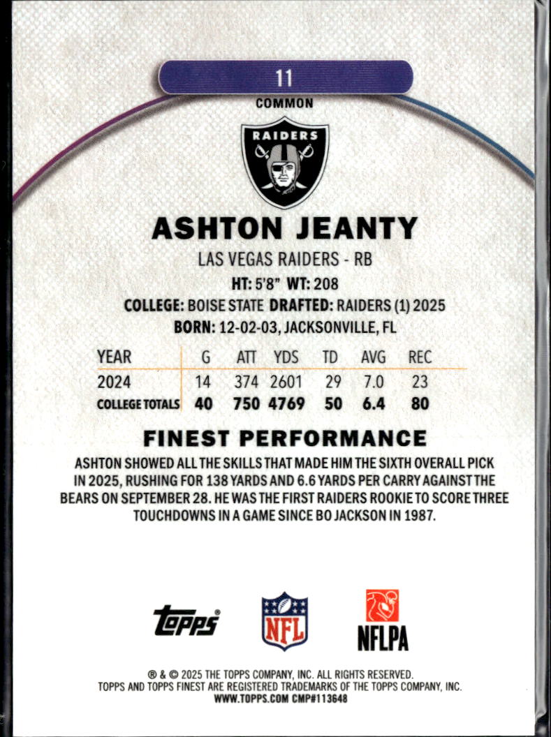 Ashton Jeanty 2025 Topps Finest Purple Xfractor Rookie RC /150 Las Vegas Raiders