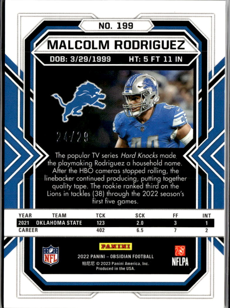 Malcolm Rodriguez 2022 Obsidian Red Flood Rookie RC 24/29 Detroit Lions OSU