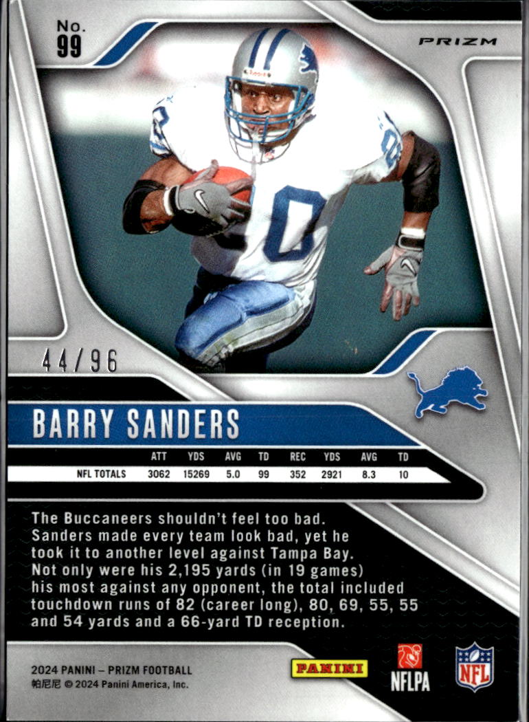 Barry Sanders 2024 Prizm Blue Sparkle Prizm 44/96 Detroit Lions