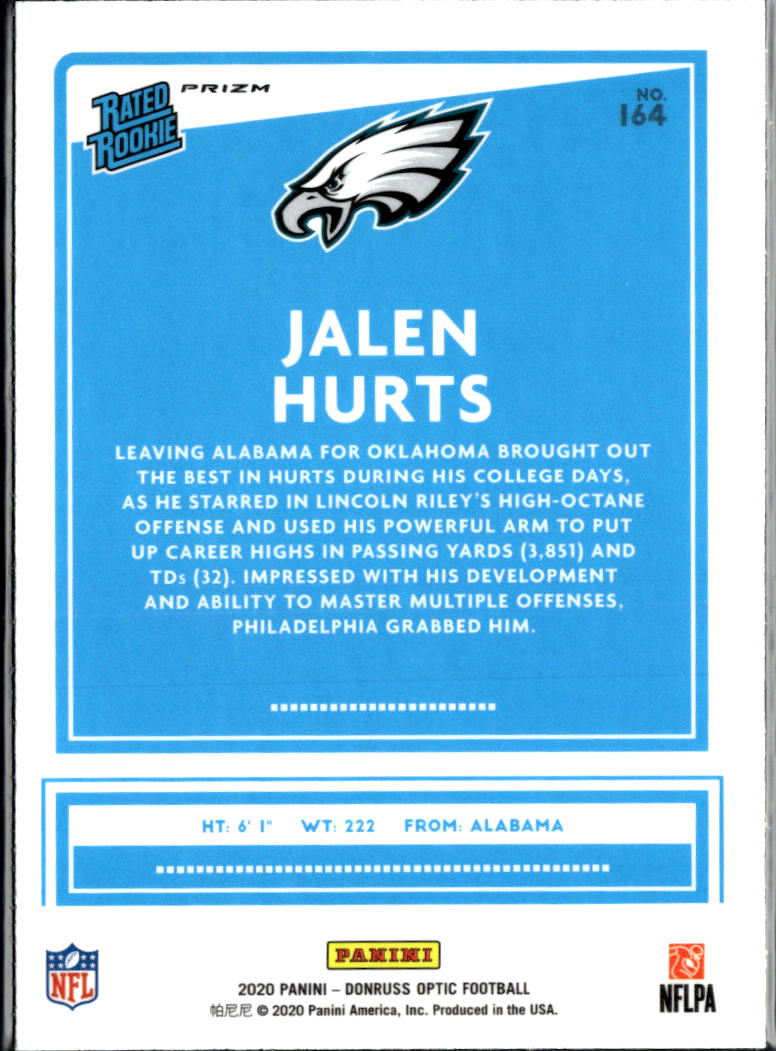 Jalen Hurts 2020 Optic Rated Rookie Green Velocity RC Philadelphia Eagles