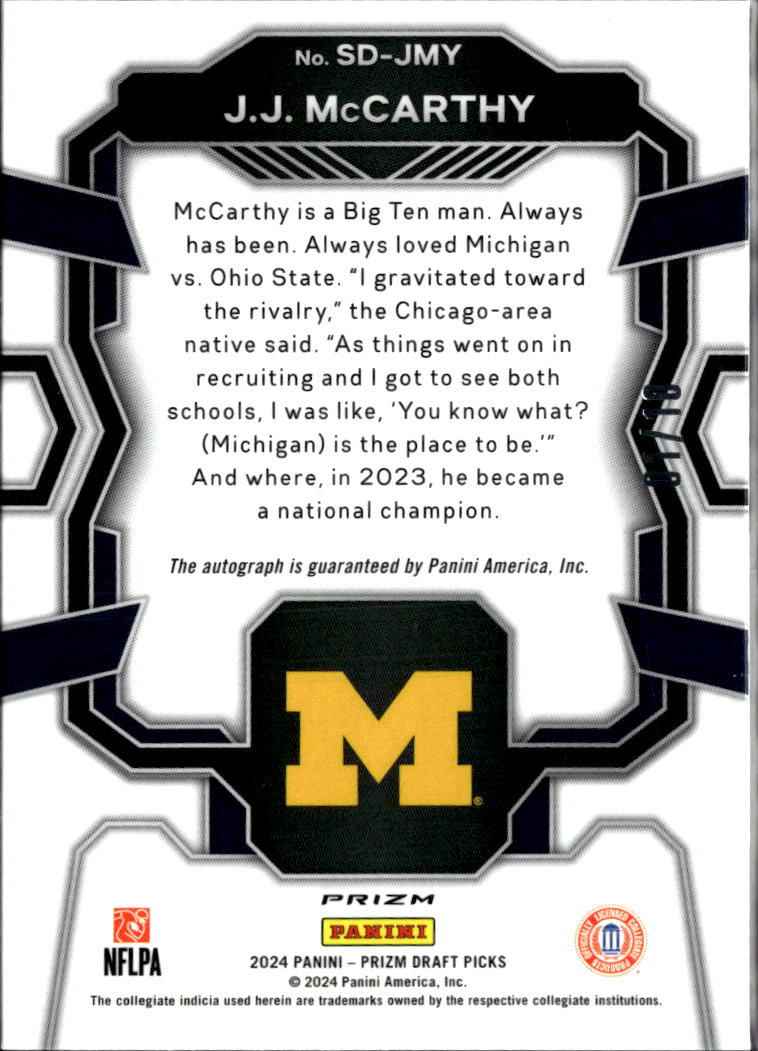 J.J. McCarthy 2024 Prizm Draft Picks Auto Autograph RC 1/10 Michigan Wolverines