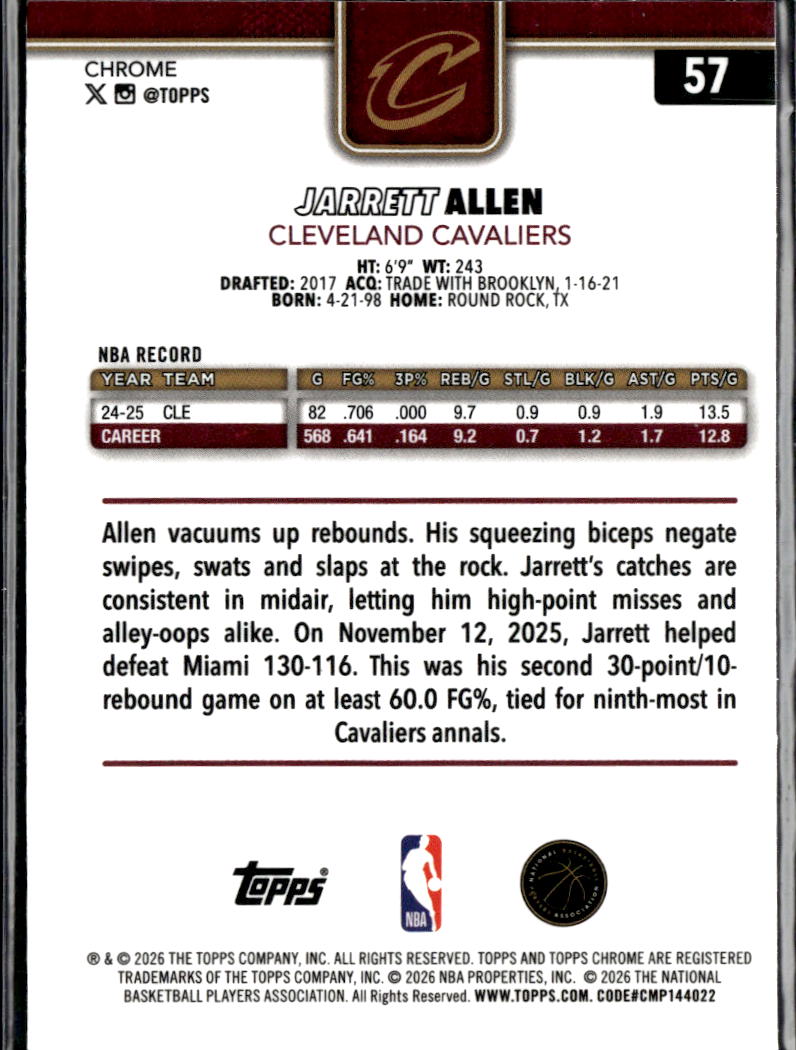 Jarrett Allen 2026 Topps Chrome Negative Refractor Cleveland Cavaliers