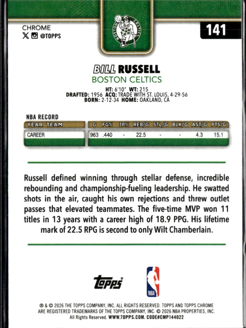 Bill Russell 2026 Topps Chrome Negative Refractor Boston Celtics