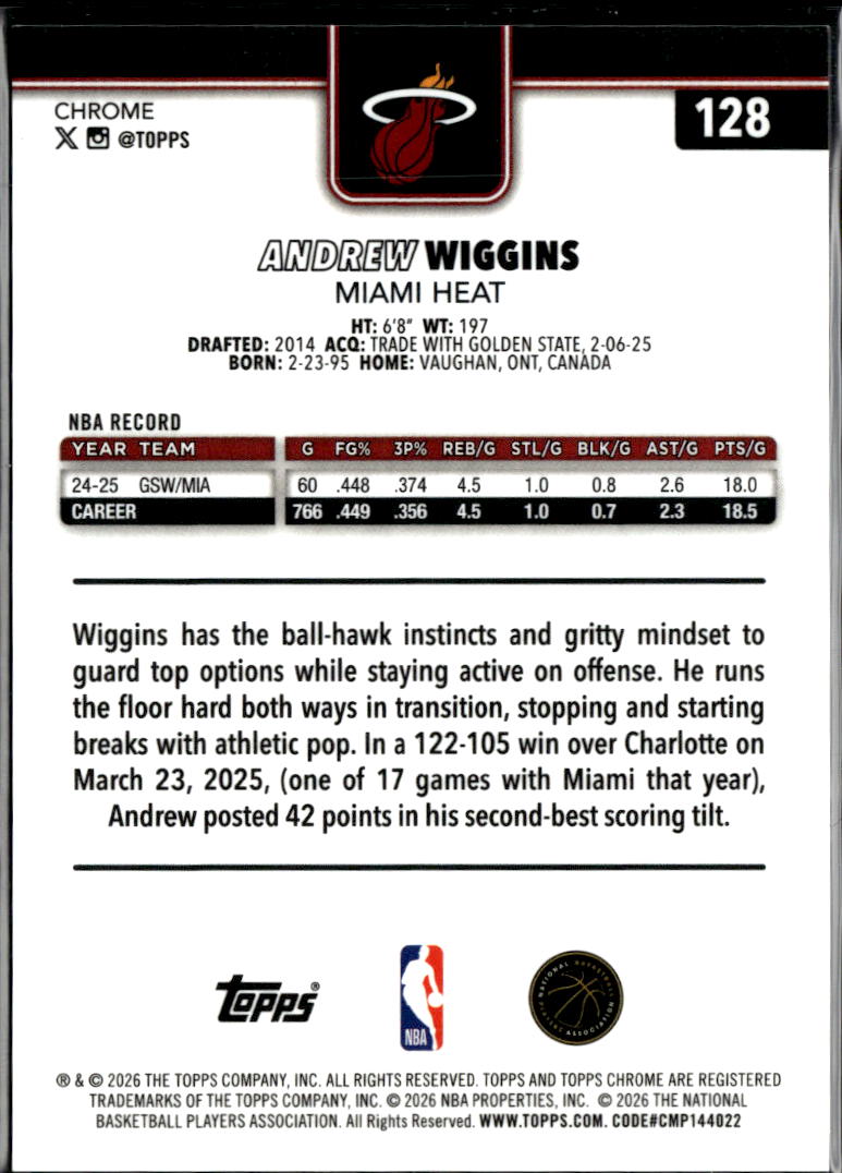 Andrew Wiggins 2026 Topps Chrome Orange Refractor 10/25 Miami Heat