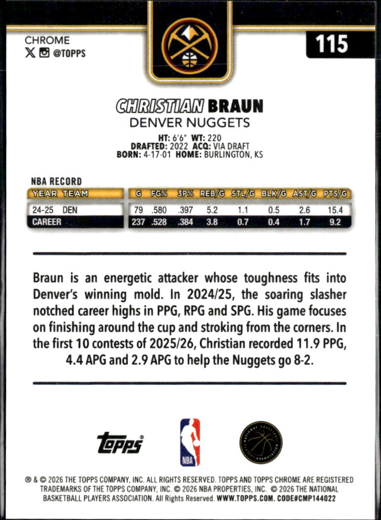 Christian Braun 2026 Topps Chrome Orange Refractor 3/25 Denver Nuggets