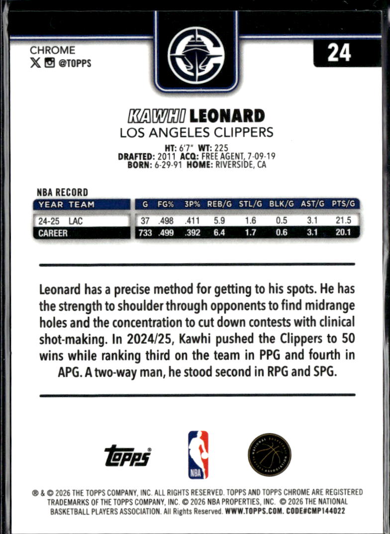 Kawhi Leonard 2026 Topps Chrome Orange Wave Refractor 23/25 Los Angeles Clippers
