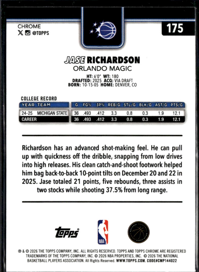 Jase Richardson 2026 Topps Chrome Purple Refractor RC 3/75 Orlando Magic