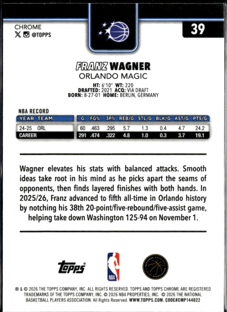 Franz Wagner 2026 Topps Chrome Purple Refractor 17/75 Orlando Magic