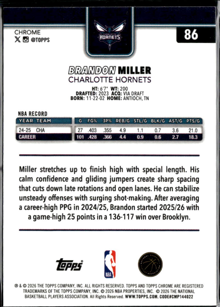 Brandon Miller 2026 Topps Chrome Purple Wave Refractor 50/75 Charlotte Hornets