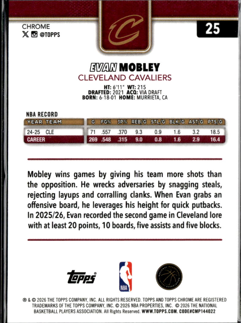 Evan Mobley 2026 Topps Chrome Yellow Refractor 20/275 Cleveland Cavaliers