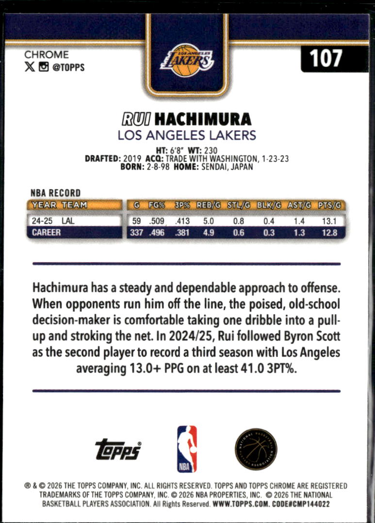 Rui Hachimura 2026 Topps Chrome Yellow Refractor /275 Los Angeles Lakers