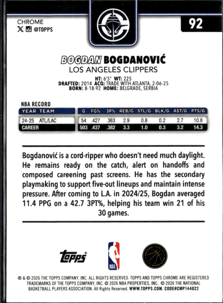 Bogdan Bogdanovic 2026 Topps Chrome Pink Refractor /399 Los Angeles Clippers