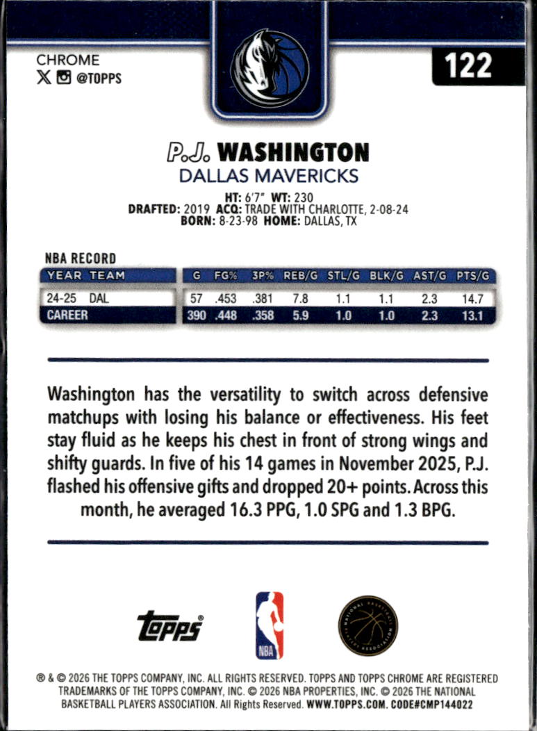 P.J. Washington 2026 Topps Chrome Aqua Refractor /199 Dallas Mavericks