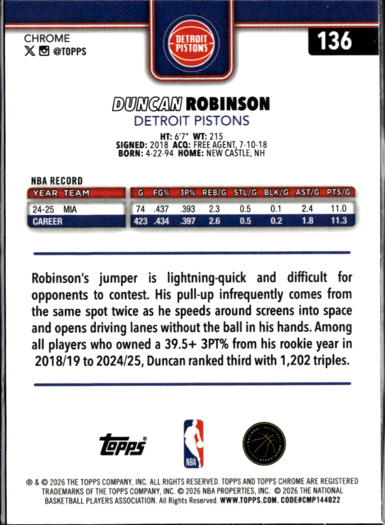 Duncan Robinson 2026 Topps Chrome Aqua Refractor /199 Detroit Pistons