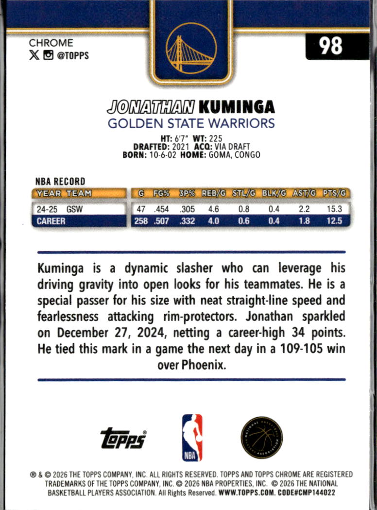 Jonathan Kuminga 2026 Topps Chrome Aqua Refractor /199 Golden State Warriors