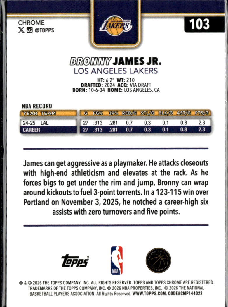 Bronny James Jr. 2026 Topps Chrome Aqua Wave Refractor /199 Los Angeles Lakers
