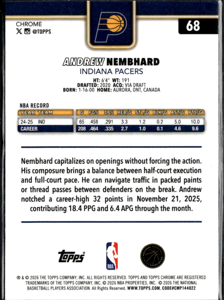 Andrew Nembhard 2026 Topps Chrome Aqua Wave Refractor /199 Indiana Pacers
