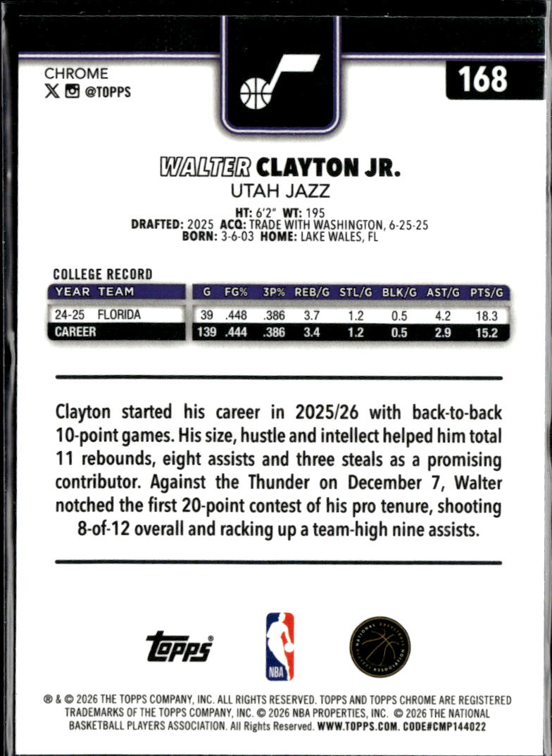 Walter Clayton Jr. 2026 Topps Chrome Aqua Wave RC 145/199 Utah Jazz
