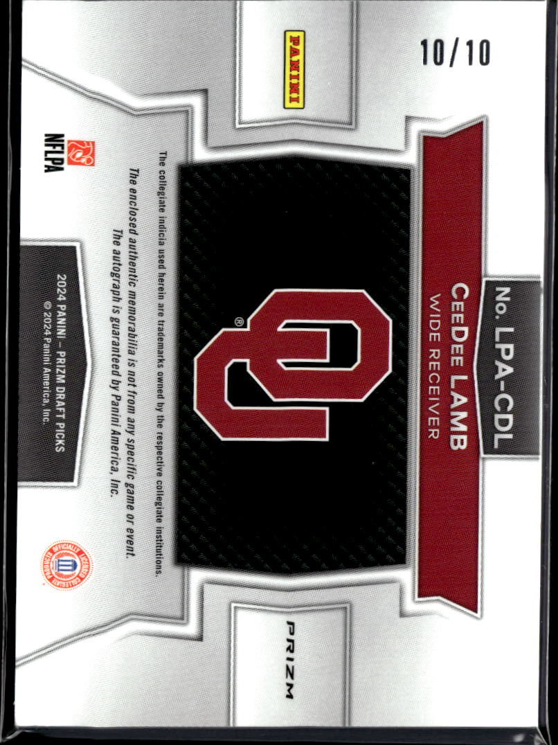 CeeDee Lamb 2024 Prizm Draft Auto Autograph LOGO Patch 10/10 Oklahoma Sooners