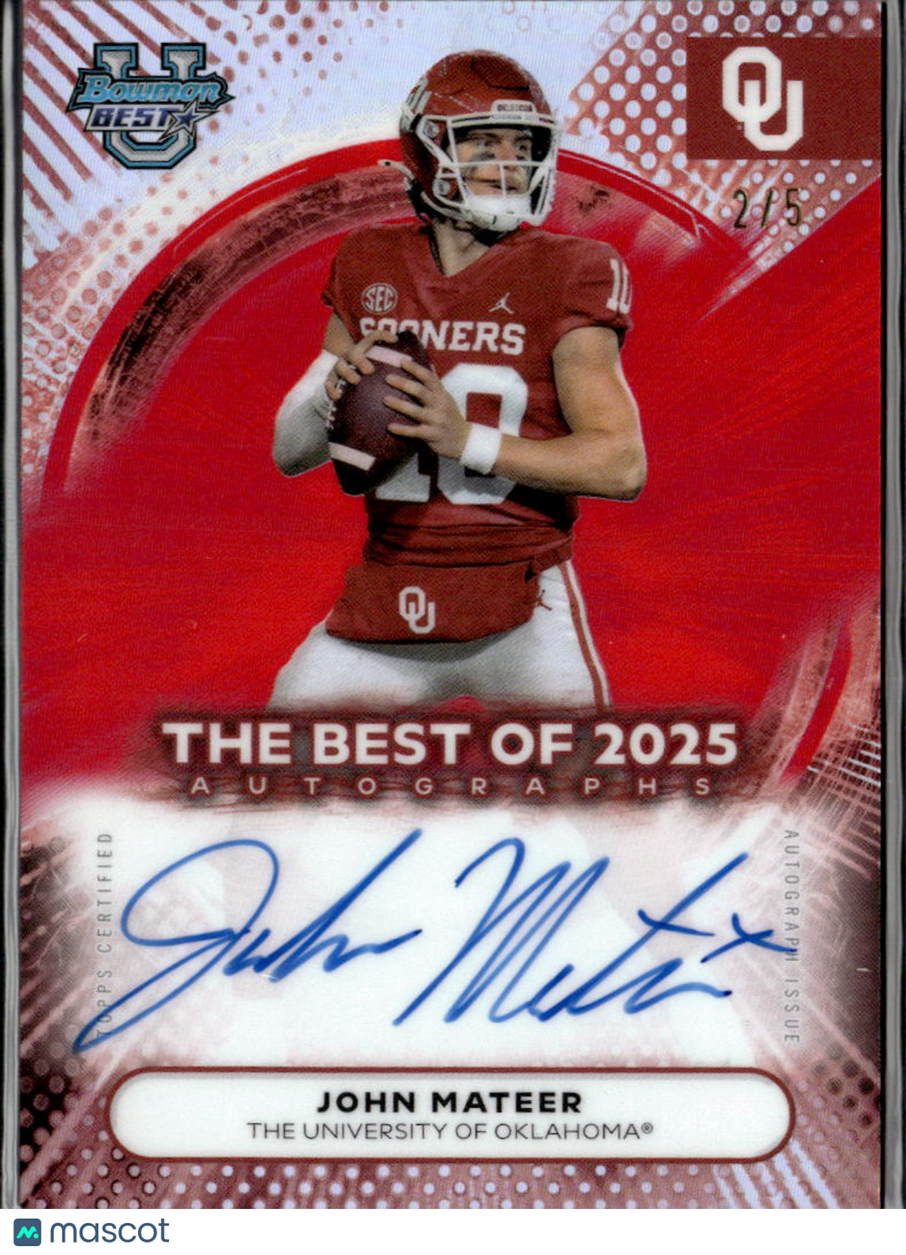 John Mateer 2025 Bowman's Best Auto Autograph RED RC 2/5 Oklahoma Sooners