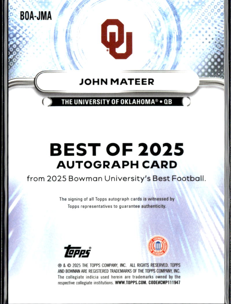 John Mateer 2025 Bowman's Best Auto Autograph RED RC 2/5 Oklahoma Sooners