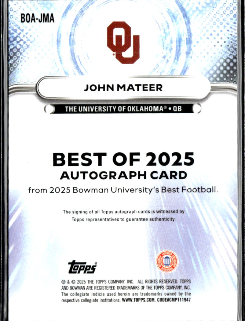 John Mateer 2025 Bowman's Best Auto Autograph RC Oklahoma Sooners
