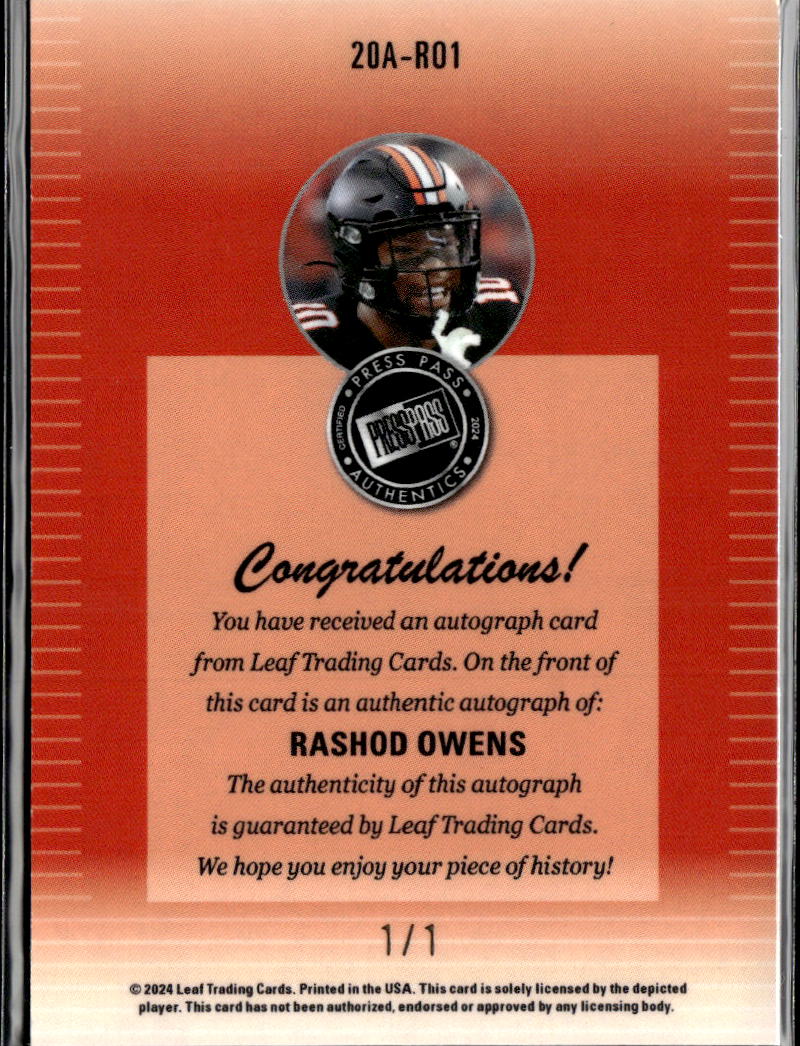 Rashod Owens 2024 Leaf Press Pass Auto Autograph GOLD 1/1 Oklahoma State OSU