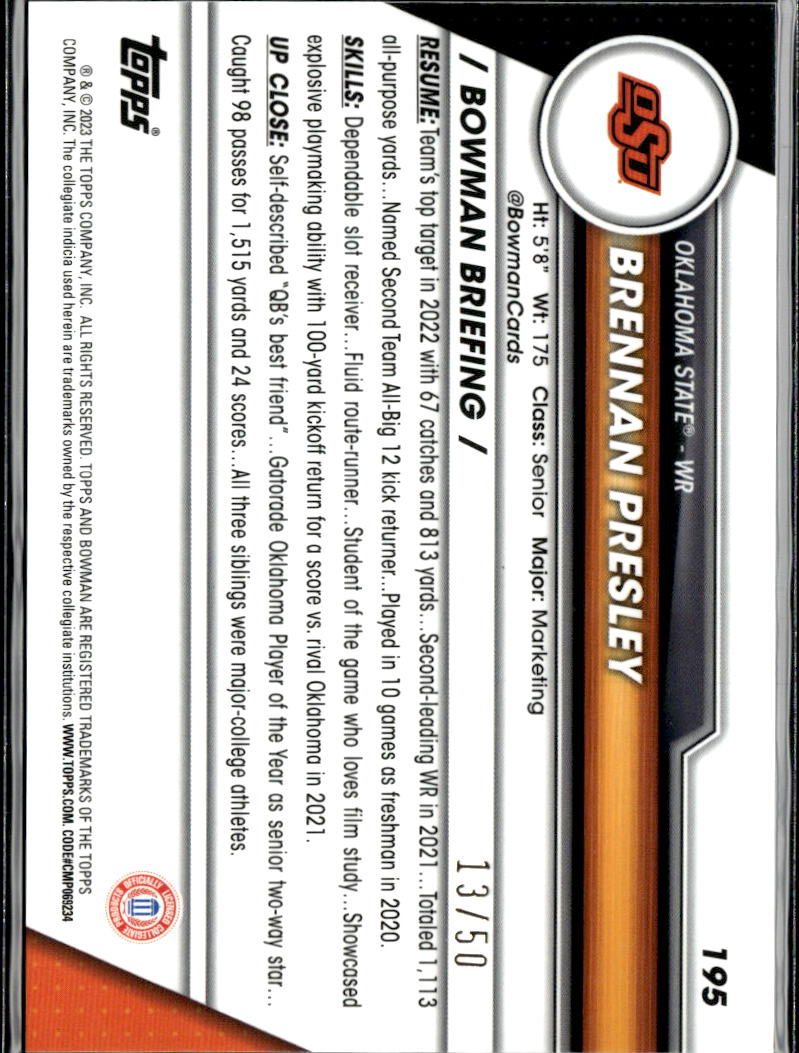 Brennan Presley 2023 Bowman Chrome Sapphire 1st GOLD 21/50 Oklahoma State OSU