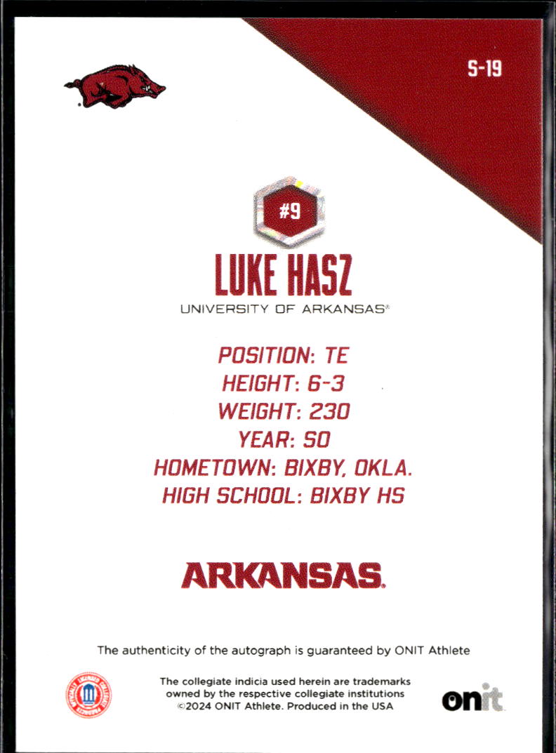 Luke Hasz 2024 ONIT Athlete Auto Autograph 97/100 Arkansas Ole Miss Bixby