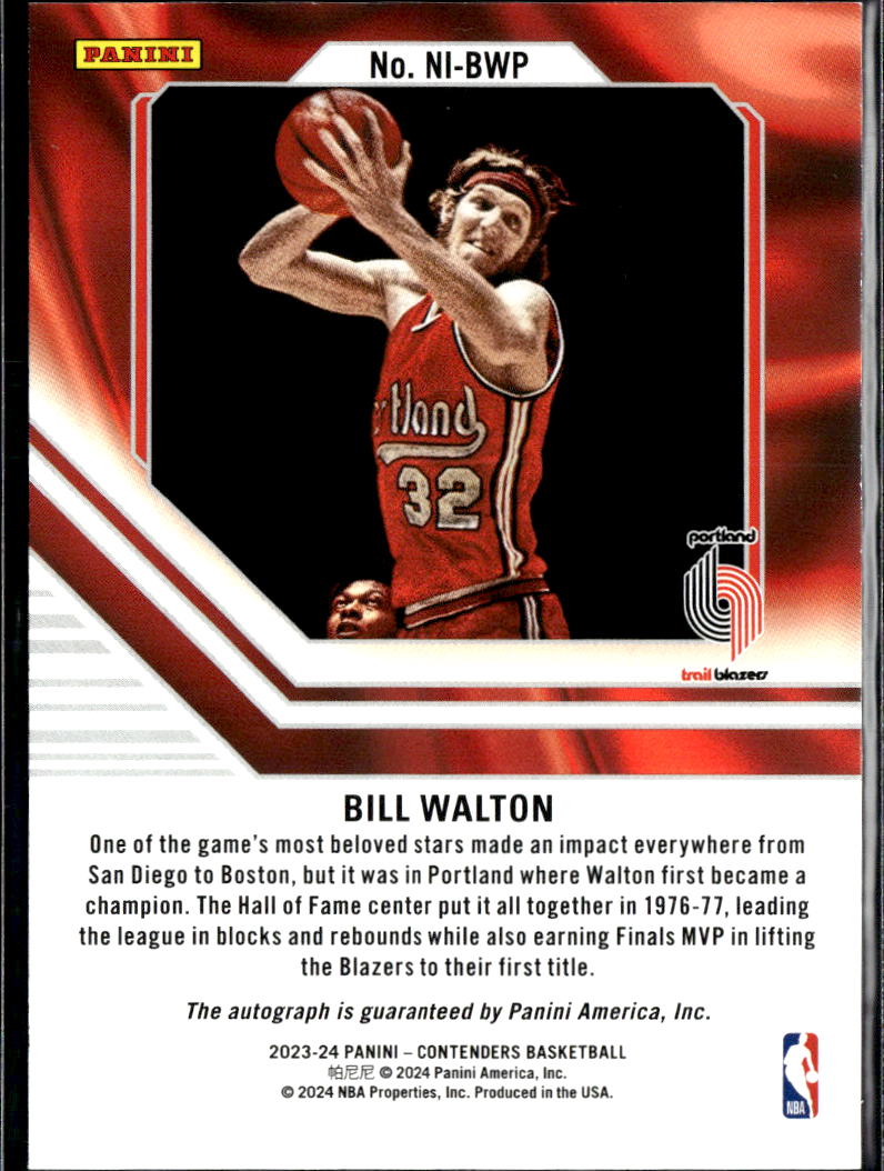 Bill Walton 2023-24 Contenders Auto Autograph 49/75 Portland Trail Blazers