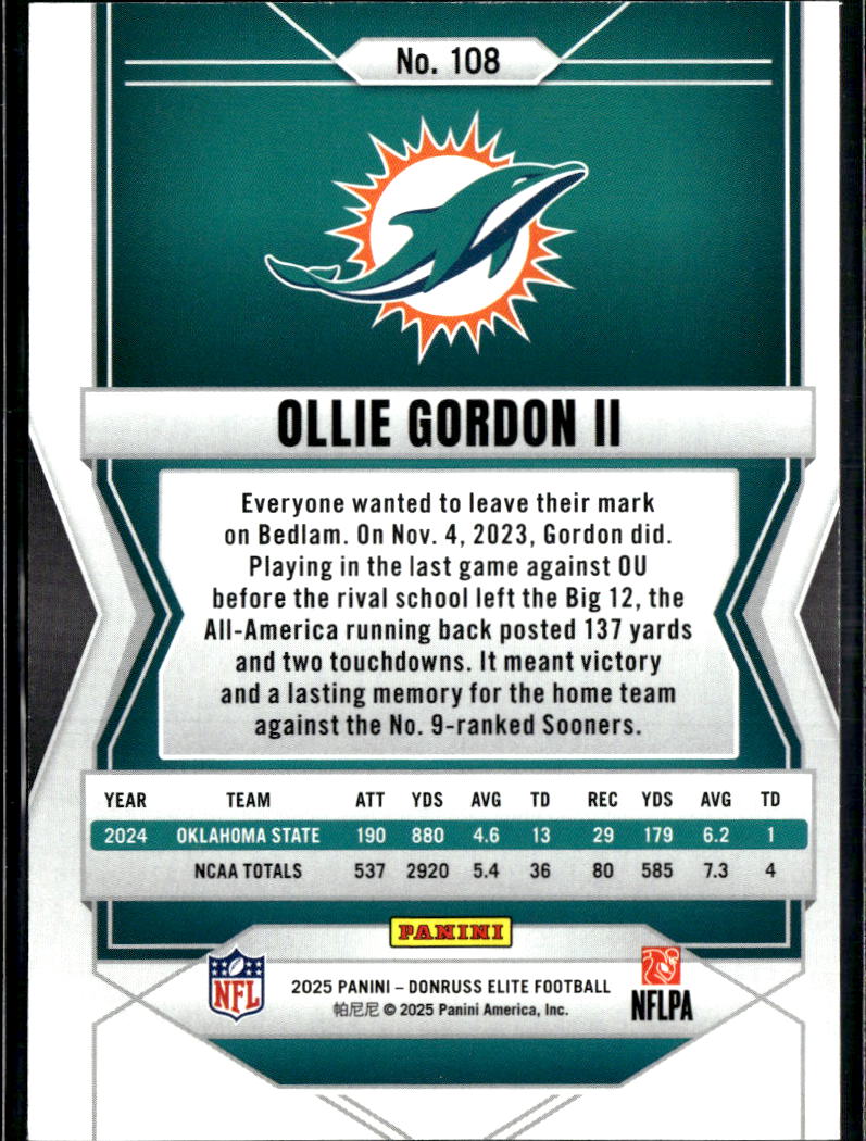 Ollie Gordon II 2025 Elite Rookie RC Green 15/31 Miami Dolphins OSU