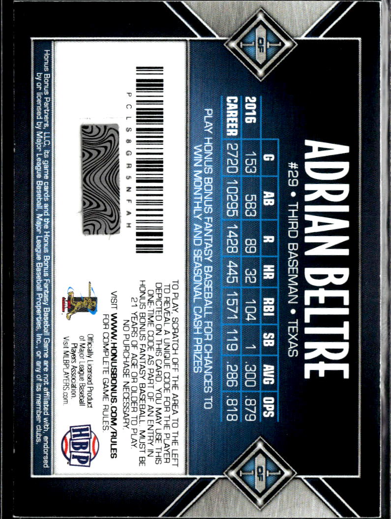 Adrian Beltre 2017 Honus Bonus Fantasy Career Milestone 1/1 Texas Rangers