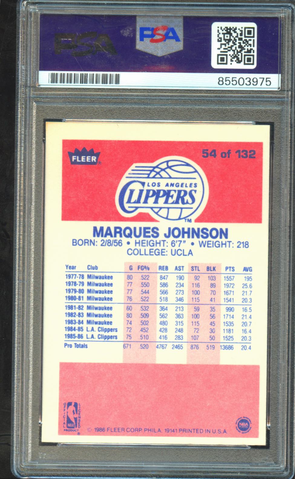 Marques Johnson 1986-87 Fleer Auto Autograph Los Angeles Clippers PSA DNA