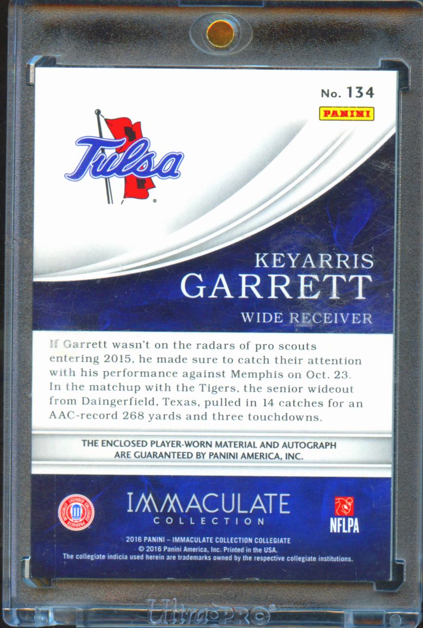 Keyarris Garrett 2016 Immaculate Auto Autograph LOGO Patch RC 93/99 Tulsa