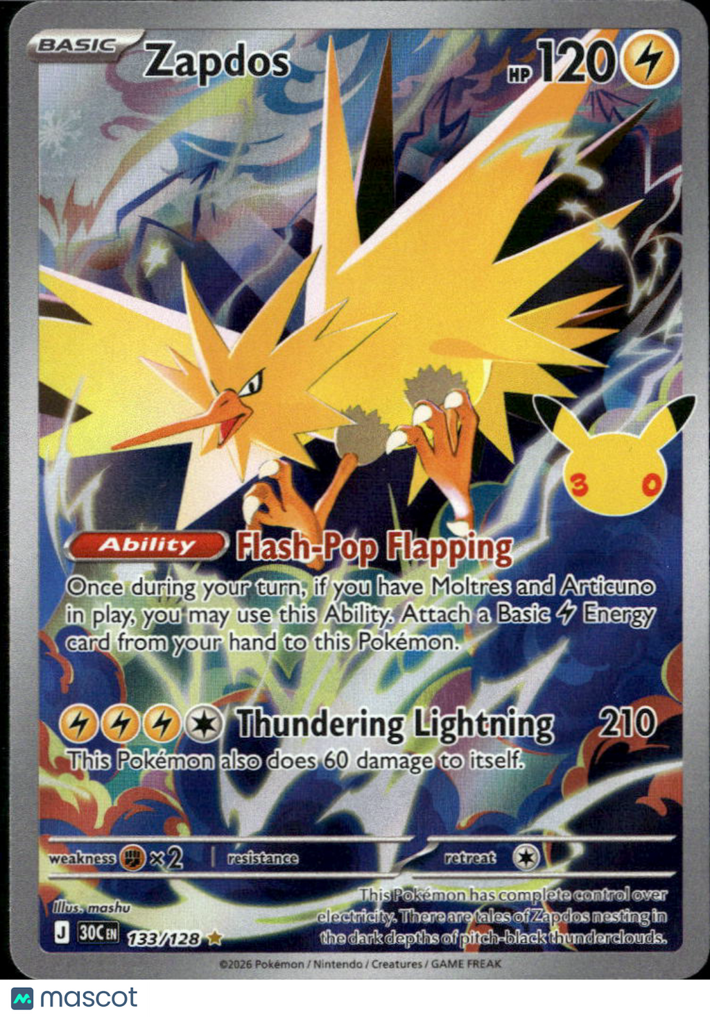 Zapdos 2026 30th Celebration Holo Secret Rare #133/128