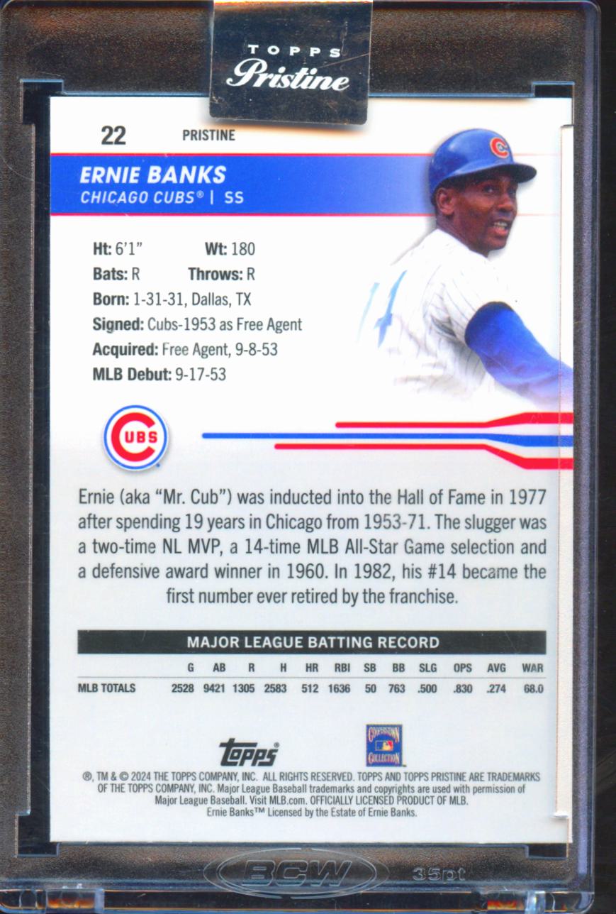 Ernie Banks 2024 Topps Pristine Blue Refractor 70/75 Chicago Cubs