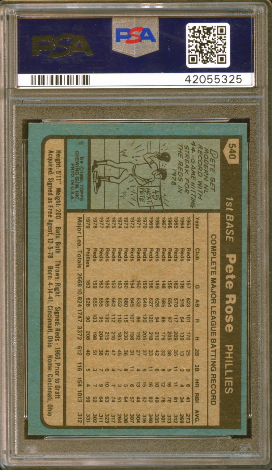 Pete Rose 1980 Topps Card Cincinnati Reds #540 PSA 8