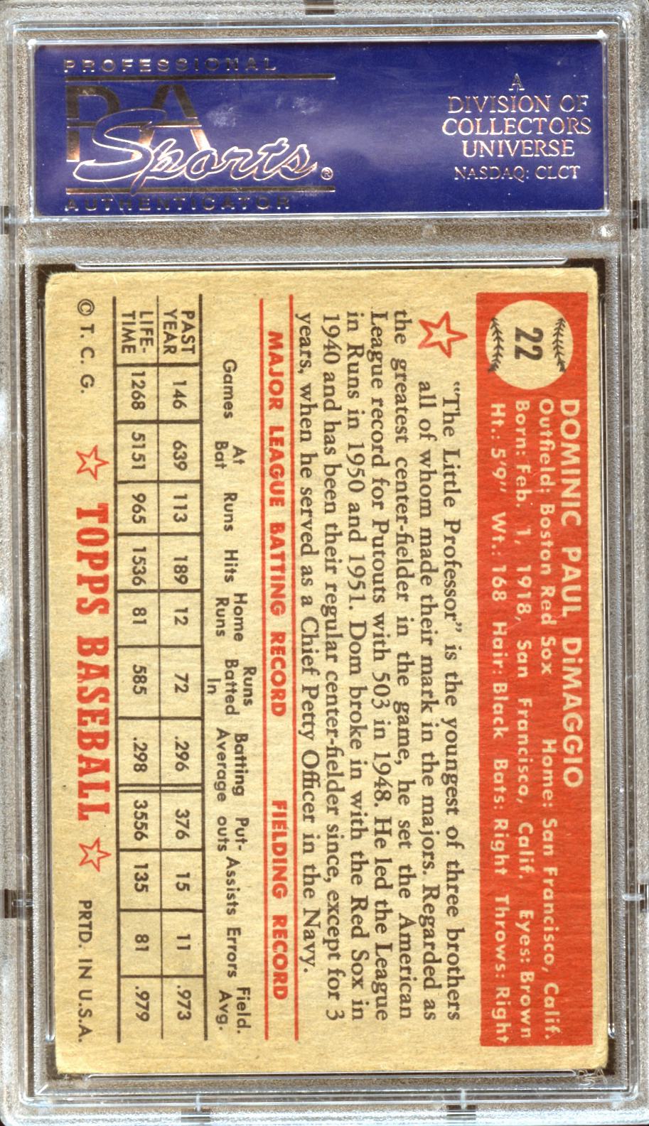 Dom Dimaggio 1952 Topps Card Boston Red Sox #22 PSA 4