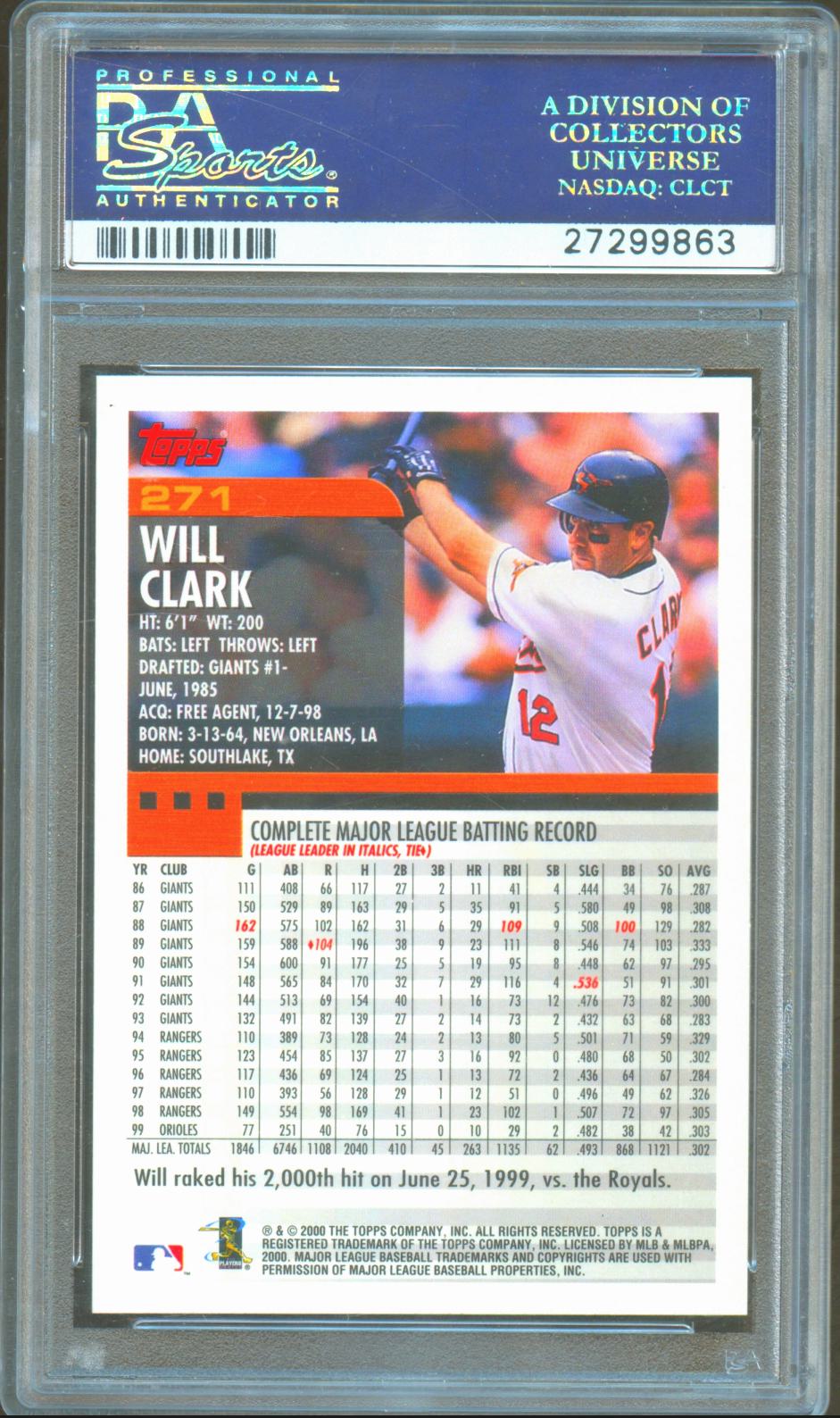 Will Clark 2000 Topps Home Team Advantage Baltimore Orioles #271 PSA 10