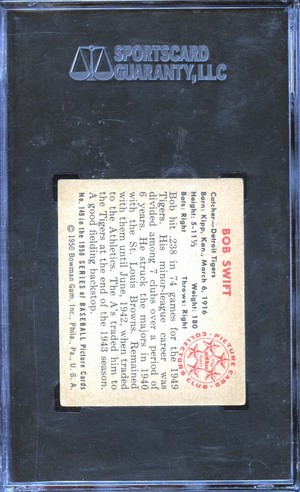 Bob Swift 1950 Bowman #149 SGC 5 Detroit Tigers