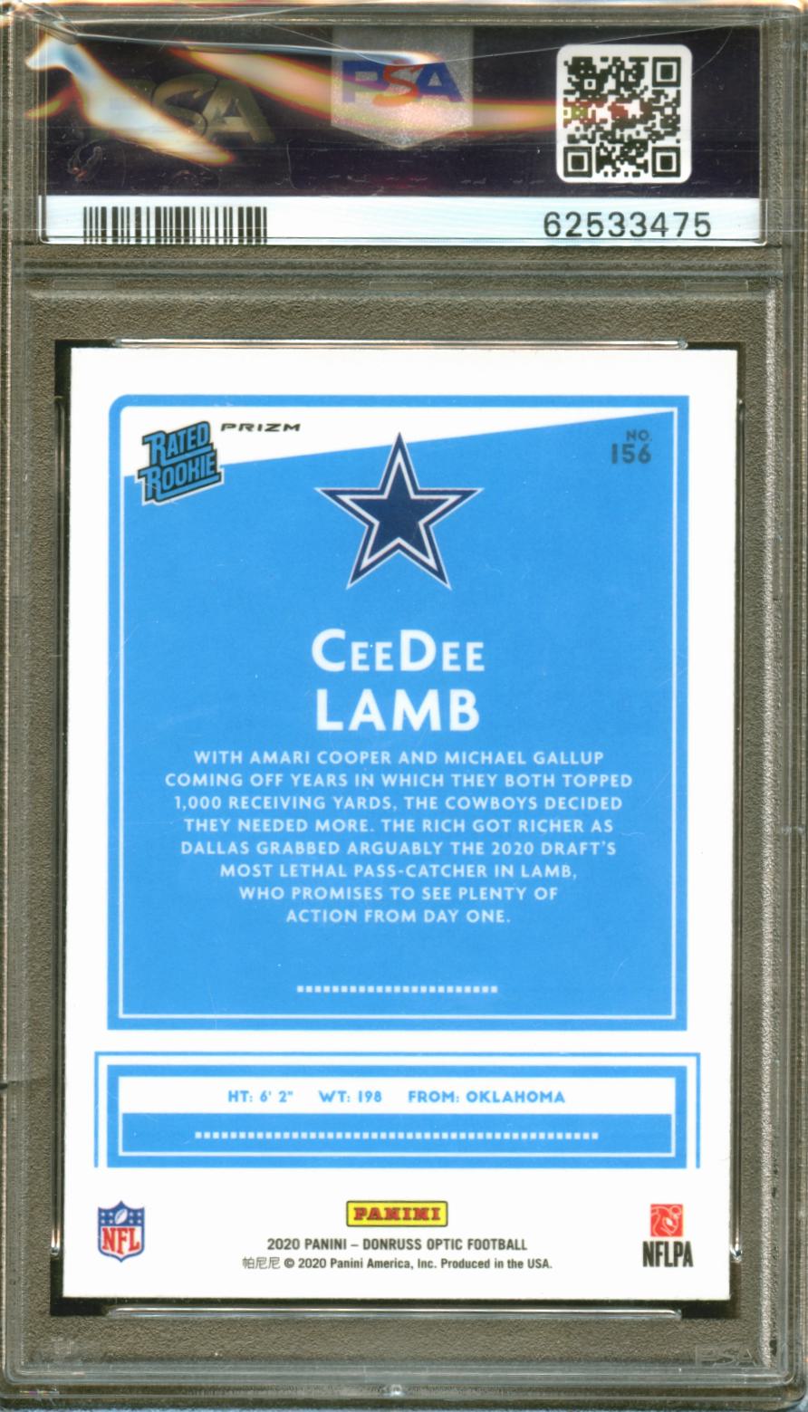 Ceedee Lamb 2020 Optic Rated Rookie Purple Shock RC Dallas Cowboys PSA 10