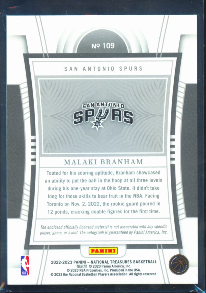 Malaki Branham 2022-23 National Treasures Auto Autograph Patch 9/10 Spurs