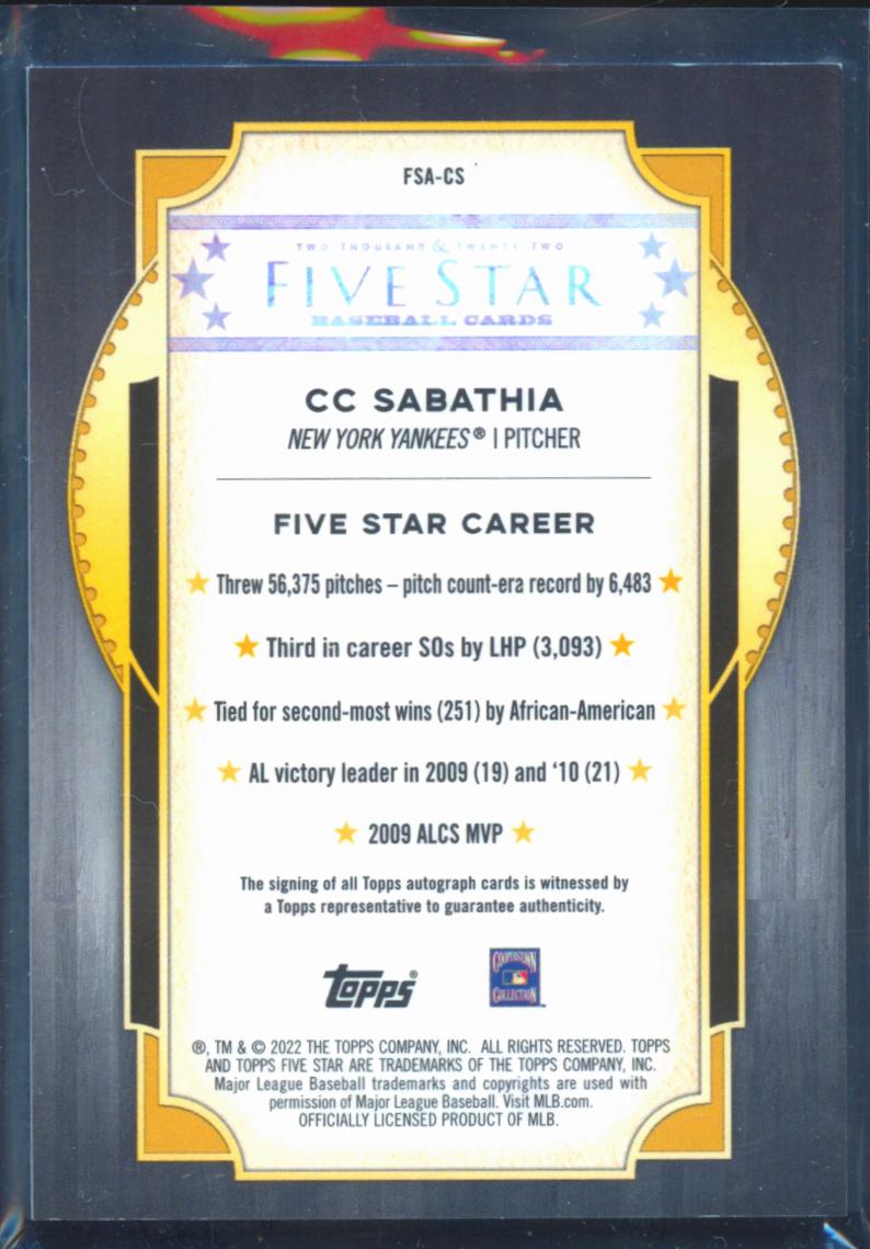 CC Sabathia 2022 Topps Five Star Auto Autograph New York Yankees
