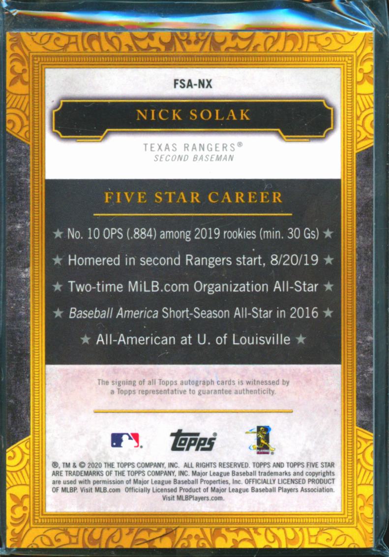 Nick Solak 2020 Topps Five Star RC Auto Autograph Rookie Texas Rangers