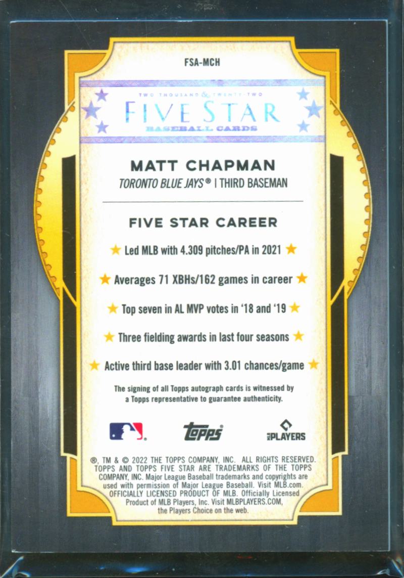 Matt Chapman 2022 Topps Five Star Auto Autograph Toronto Blue Jays