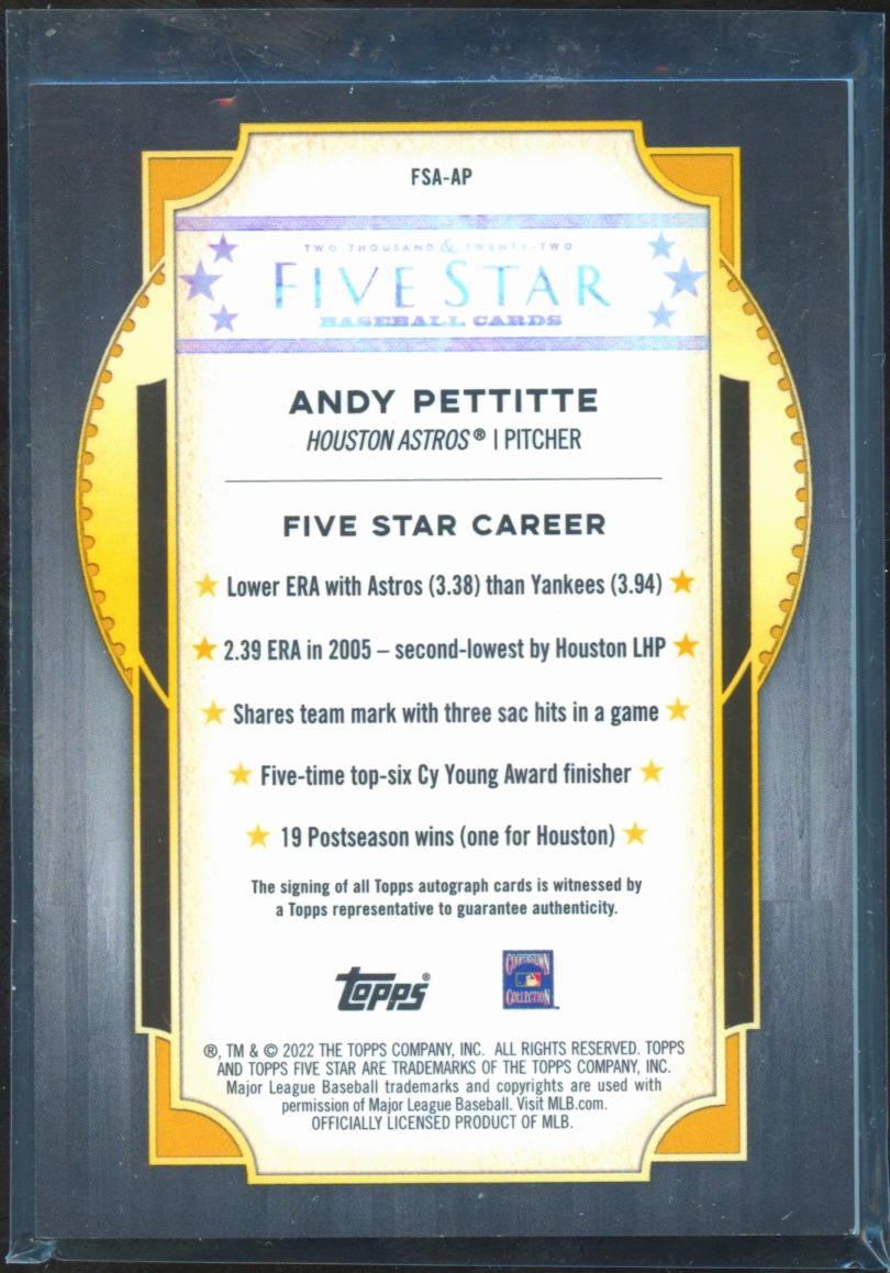 Andy Pettitte 2022 Topps Five Star Auto Autograph Houston Astros