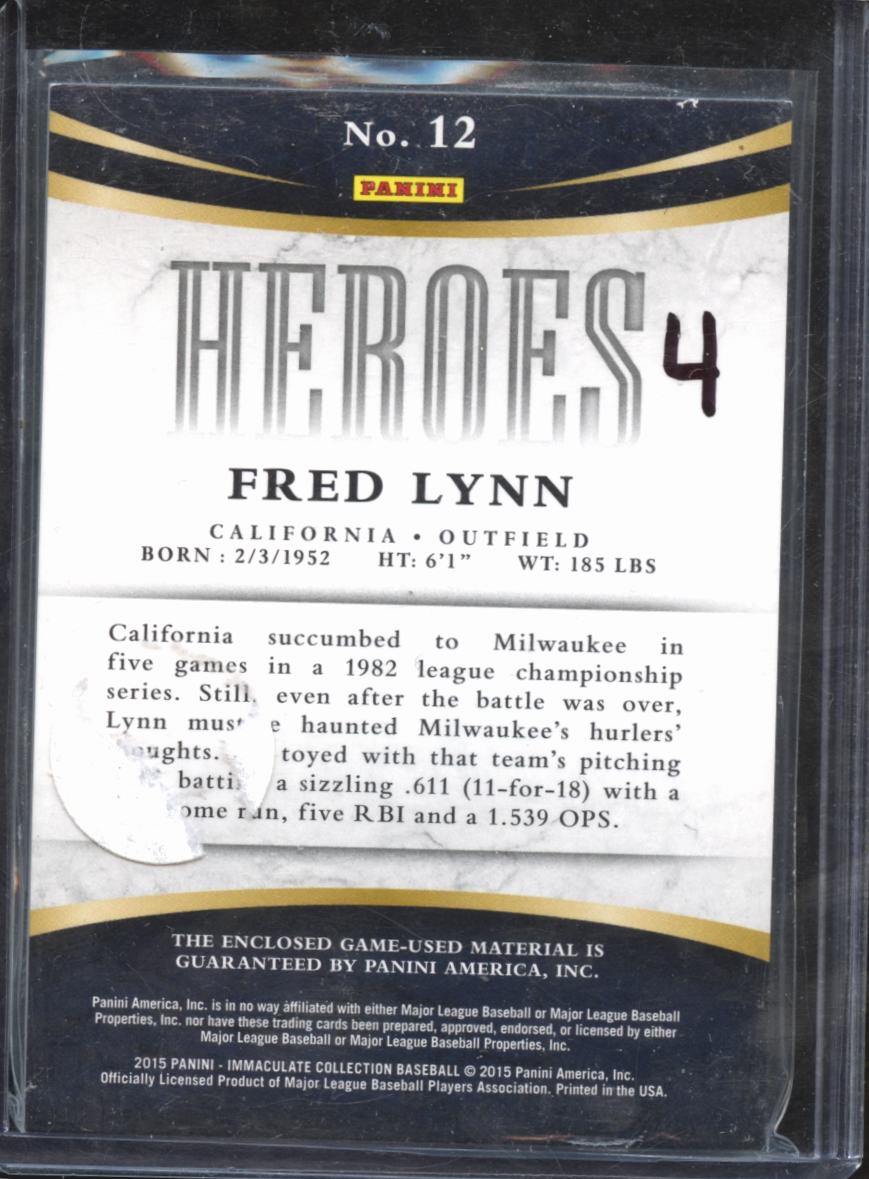 Fred Lynn 2015 Immaculate Game Worn Jersey Patch 8/25 California Angels