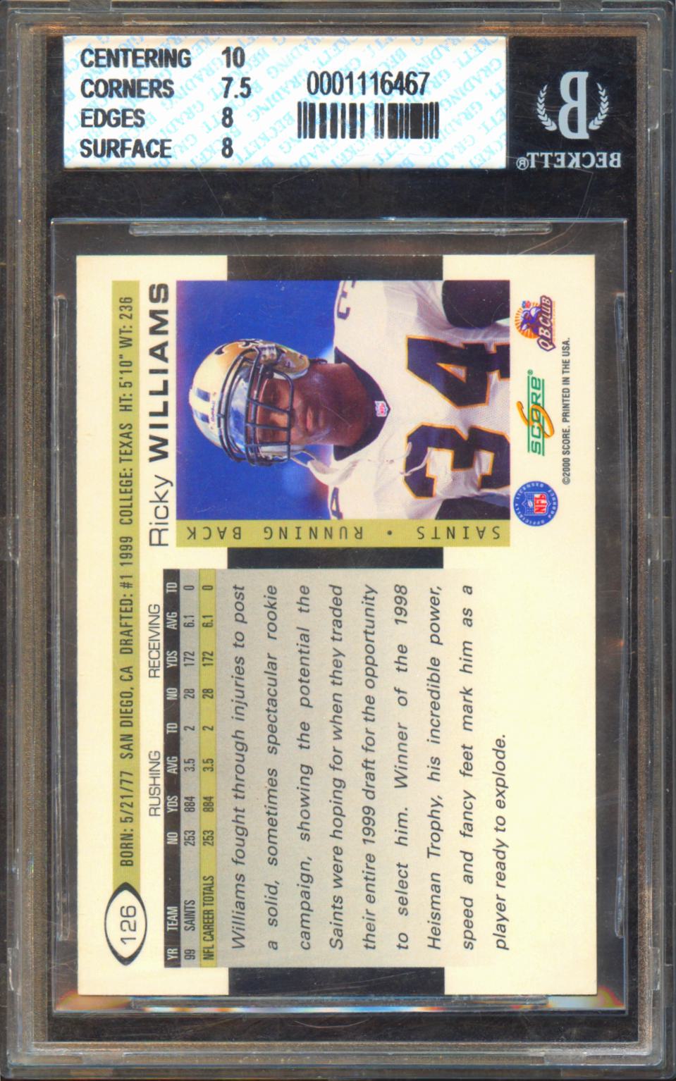 Ricky Williams 2001 Score Originals Auto Autograph BGS 8 New Orleans Saints